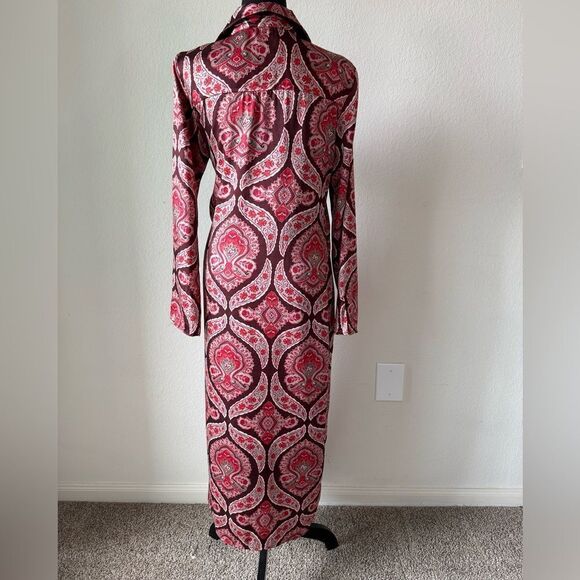 Mango Satin Paisley Print Shirt Dress Wrap Midi Size 6 Burgundy Red Coastal Boho - Picture 7 of 10